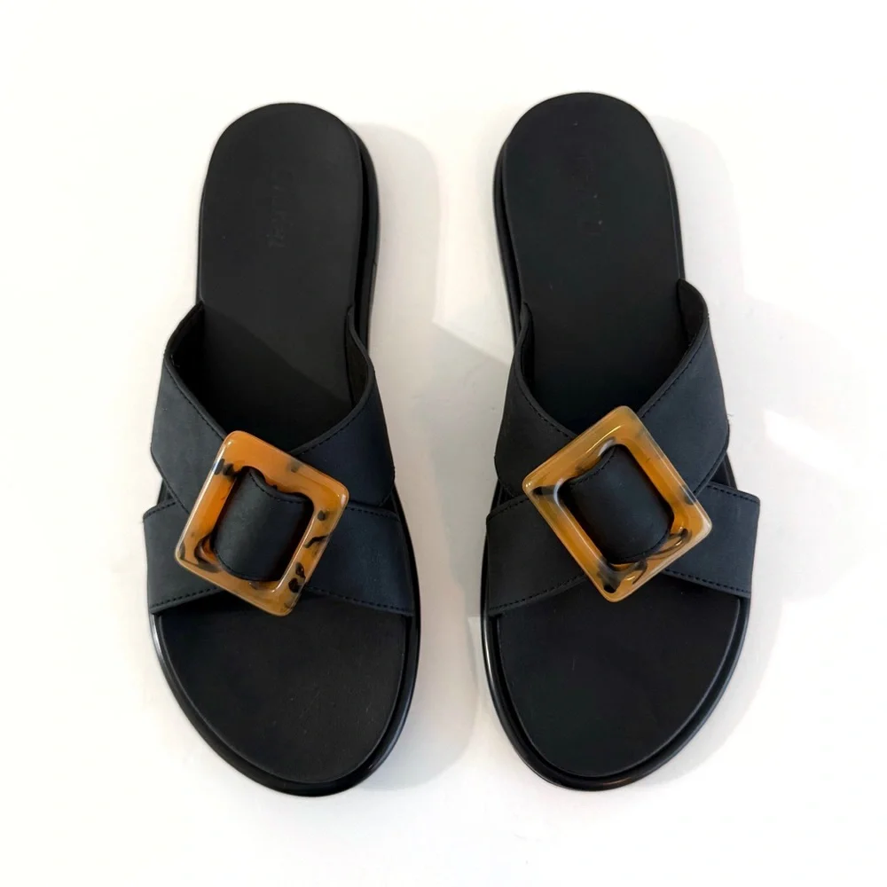 OLUKAI La’i Lai black brown square buckle criss cross straps Slide sandals - Picture 1 of 5